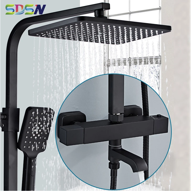 

SDSN Thermostatic Shower Set Square Lifting Bar Bathroom Shower System Black Bronze Bathtub Mixer Faucet Temperature Shower Set