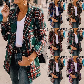 

Women Woolen Coat Autumn Winter Cassic Simple Long Plaid Cardigan Coat Medium Long Coat Wool Coat All Match Vintage Plus Size