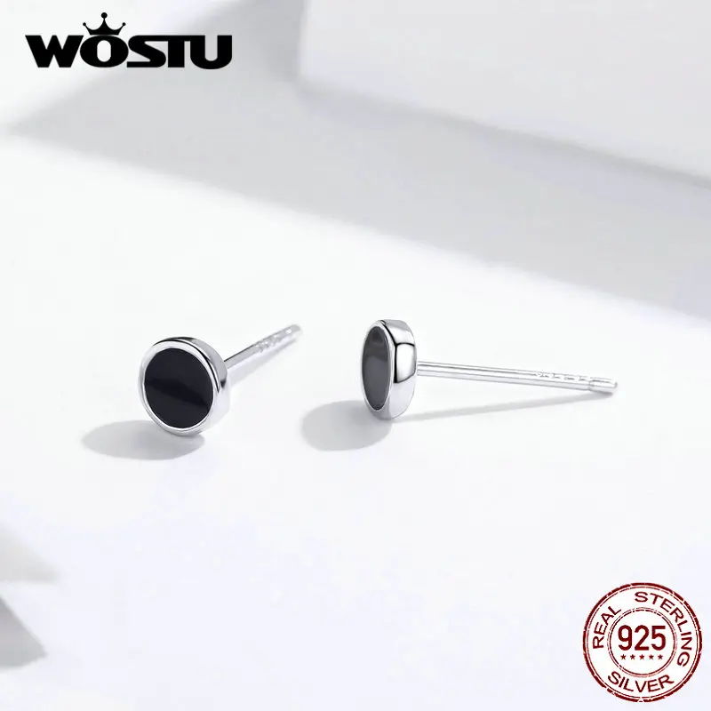 WOSTU, настоящее 925 пробы, Серебряные стильные черные круглые серьги-гвоздики для женщин, свадебные маленькие серьги, модные ювелирные изделия, подарки DXE694