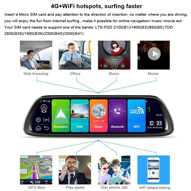 10 дюймов Android 8,1 4G зеркало заднего вида автомобиля Dvr камера Gps навигатор Bluetooth музыка Wifi Hd 1080P потоковое видео рекордер