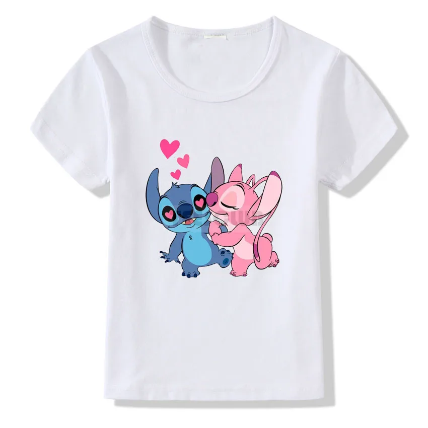 Lovely Lilo and Stitch Print T shirt Kids Cartoon Summer Tops Birthday T-shirt For Children Fashion Short Sleeve White Tshirt