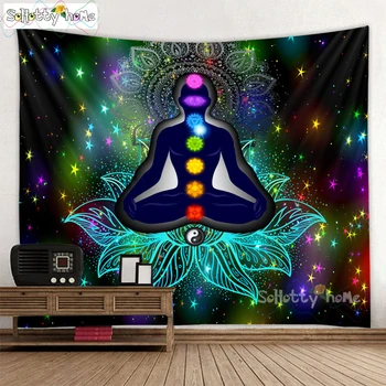 

Indian Buddha Statue Meditation Chakra Tapestry Wall Hanging Mandala Tapestries Wall Cloth Psychedelic Yoga Carpet Boho Decor
