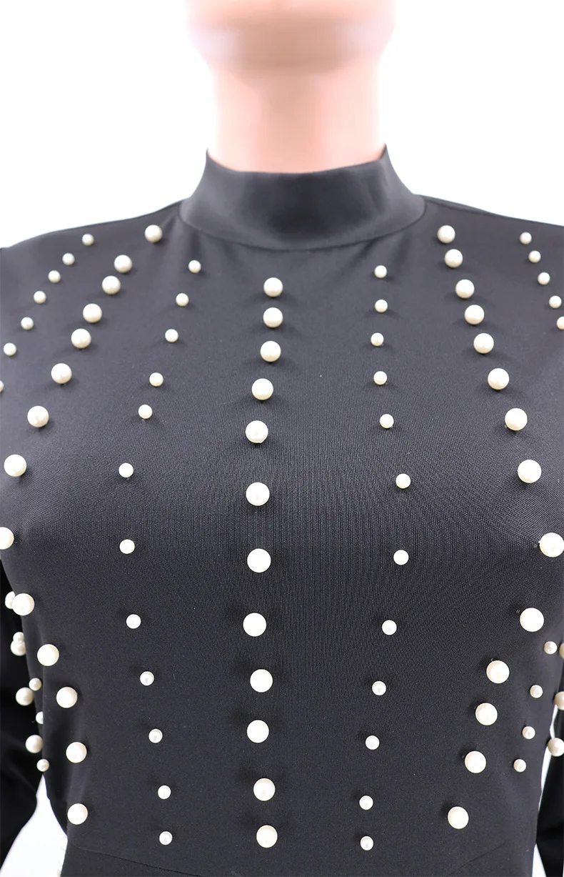 Billige 2019 New Fashion High Neck Perle Sexy Lange Seeve Herbst Winter Bodycon Kleid Roten Kleid Elegante Kurze Kleid