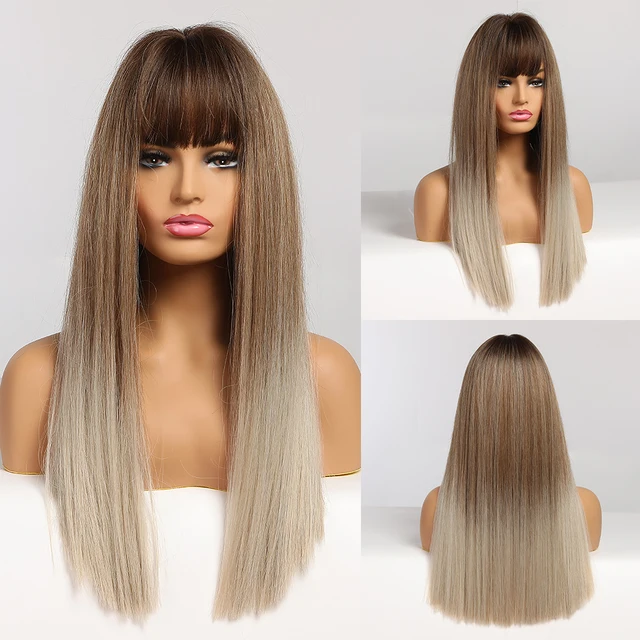 Long Straight Brown Ombre Natural Hair Wigs Middle Part Heat Resistant Synthetic Wigs for Afro Women Daily Cosplay Fashion Wigs lc308-3