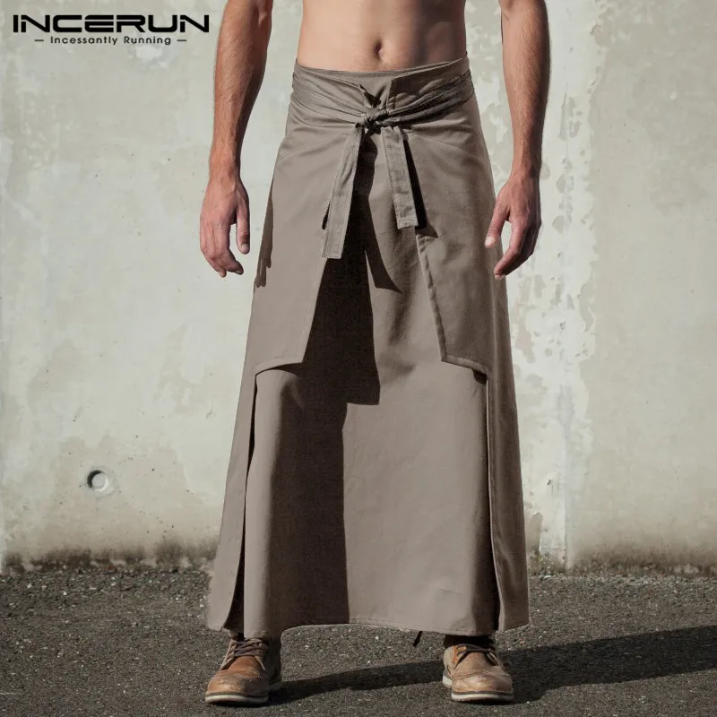 INCERUN модные мужские брюки Kilt Samurai s Kilts боевые искусства стиль Kendo юбки мужские ретро твердые военные длинные юбки 5XL