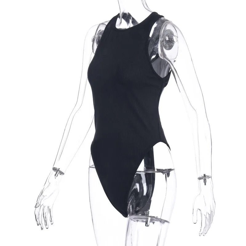 ArtSu Women Sexy Cross Bandage Bodysuit O-Neck Sleeveless Fit Bodycon Knitted Bodysuits One Piece Combinaison Femme Black White