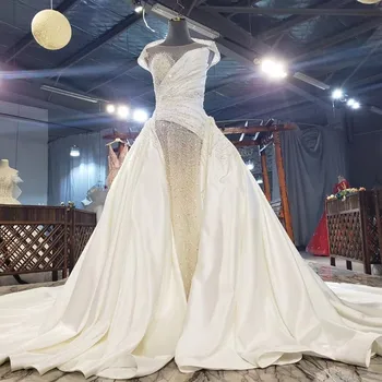 شراءدبي مسلم فساتين زفاف طويلة 2020 فساتين زفاف فاخرة مخصصة اللؤلؤ الساتان فستان زفاف حجم كبير حورية البحر مطرز الزفاف