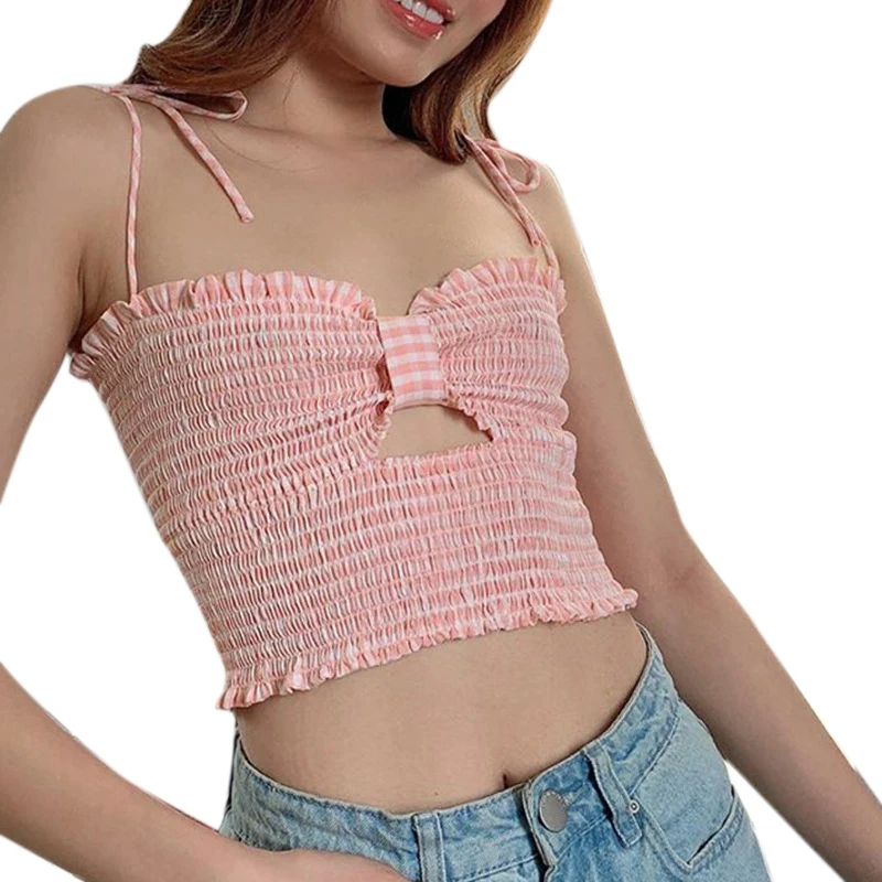 Sweet Bandage Plaid Straped Ruched Crop Tops Summer Fashion Hollow Out Bow Ruffle Hem Camis Tops Kawaii Tank