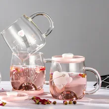 Корейское розовое сердце, прозрачное стекло с крышкой, Термостойкое боросиликатное стекло, бытовая чашка для молока, кофе, сока, воды