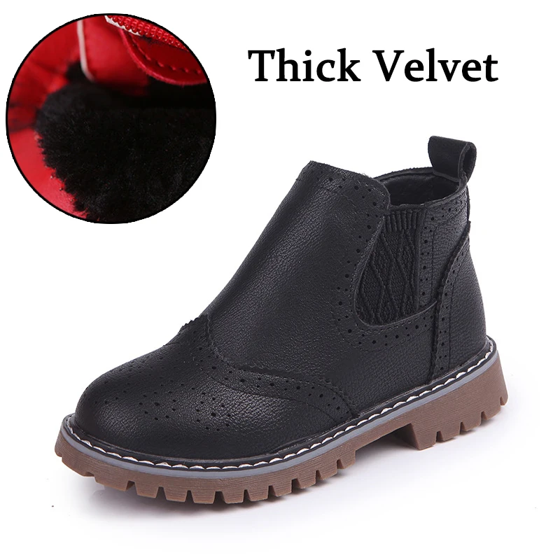 Thick Velvet Black Модные кожаные детские ботинки martin с перфорацией; обувь принцессы для девочек; коллекция года; сезон осень-зима; новые бархатные теплые ботинки для девушек на молнии - Цвет: Thick Velvet Black