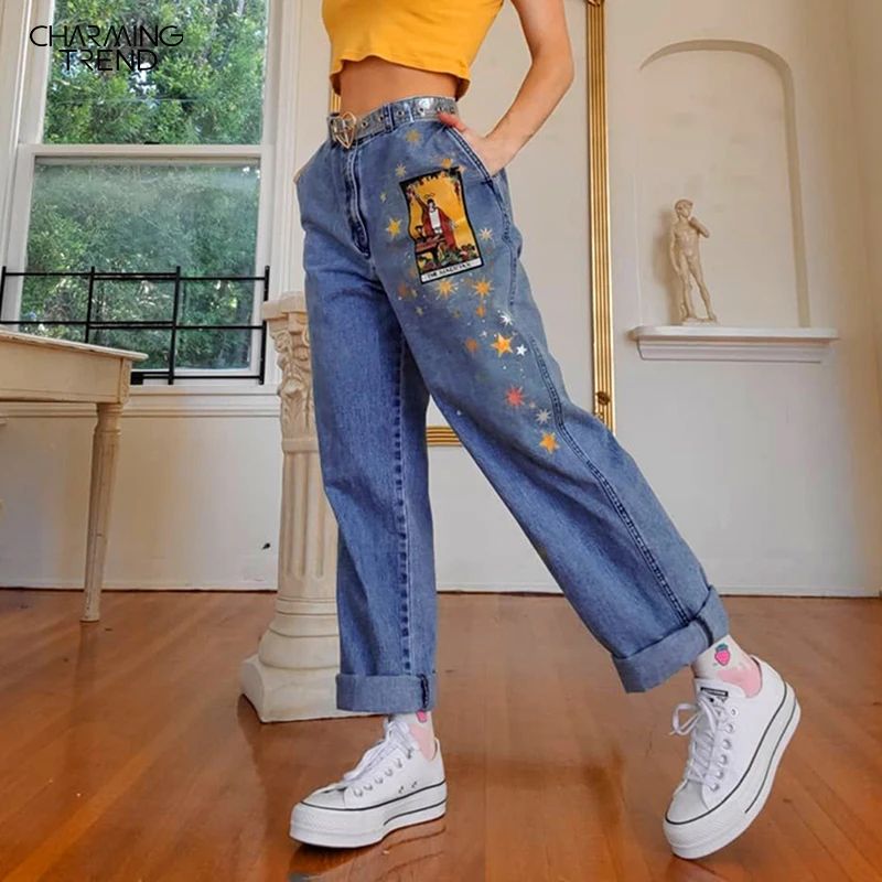 Star Printed Long Loose Womens Jeans 2020 Spring Winter Mid-waist Denim Trousers Young Girl Women Vintage Casual Cute Jeans Pant Star Printed Long Loose Womens Jeans 2020 Spring Winter Mid-waist Denim Trousers Young Girl Women Vintage Casual Cute Jeans Pant