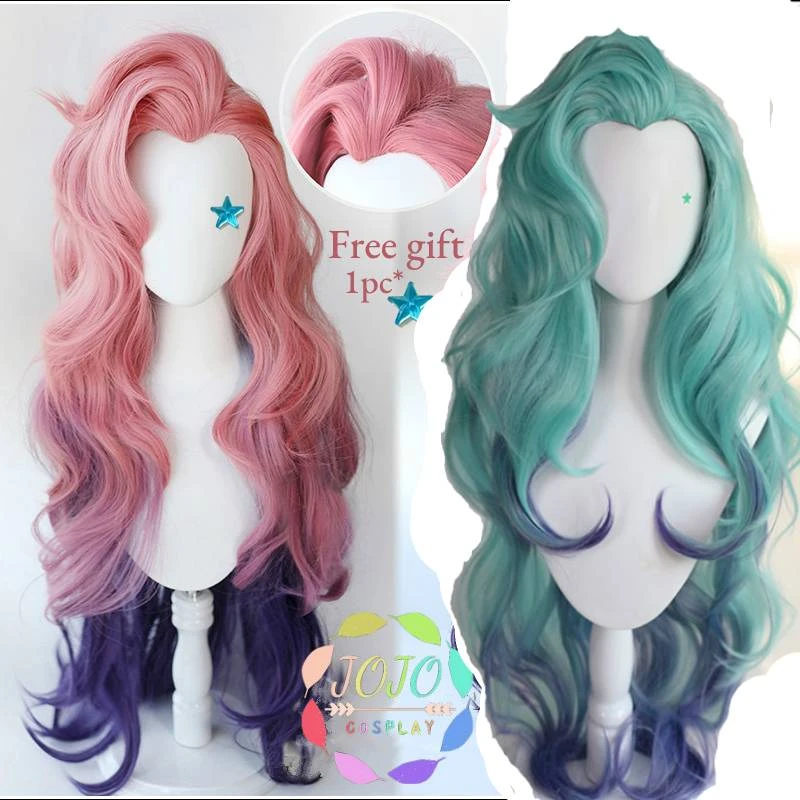 Lol Seraphine Cosplay Wig Pink Blue Purple Gradient Wavy Long Synthetic Hair Halloween Party Free Star Tattoo Wig Cap Boys Costume Accessories Aliexpress