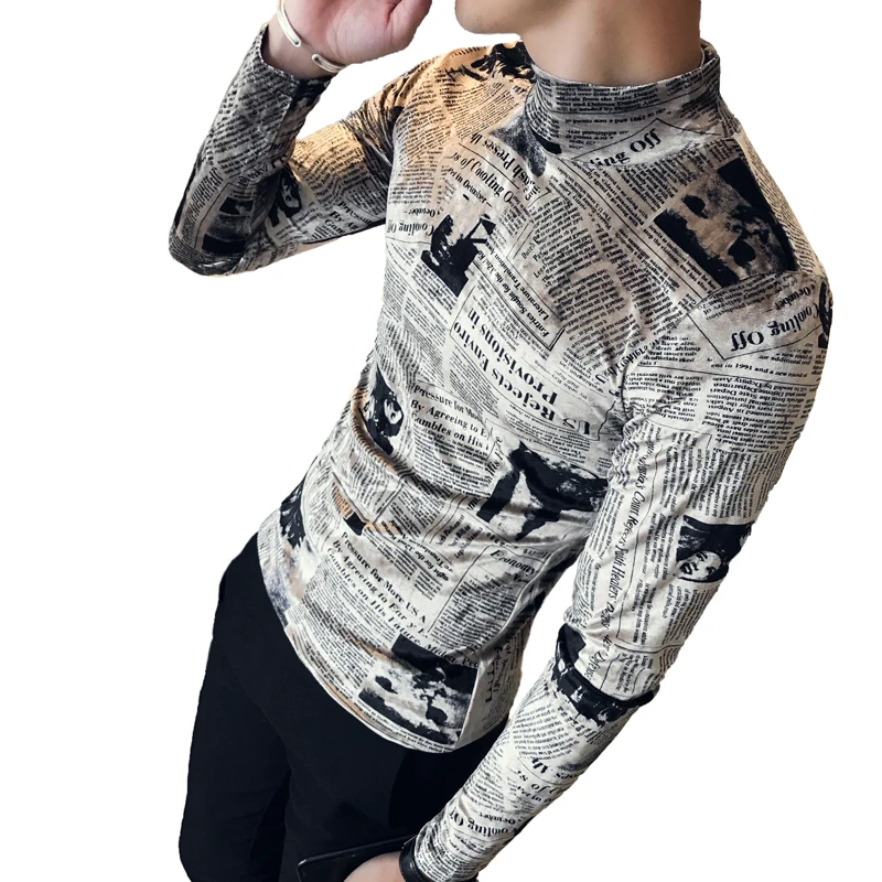 

Autumn winter men's half-high collar slim T-shirt flannel fabric long-sleeved tight T-shirt fashion printing casual men T-shirt