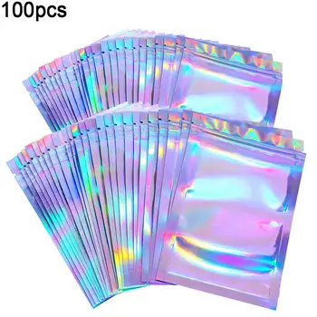 

100Pcs/Set Wholesale Lashes Packaging Boxes Idea Holographic Laser Zip Favor Bag Eyelashes Lash Package Box Custom Logo Sticker