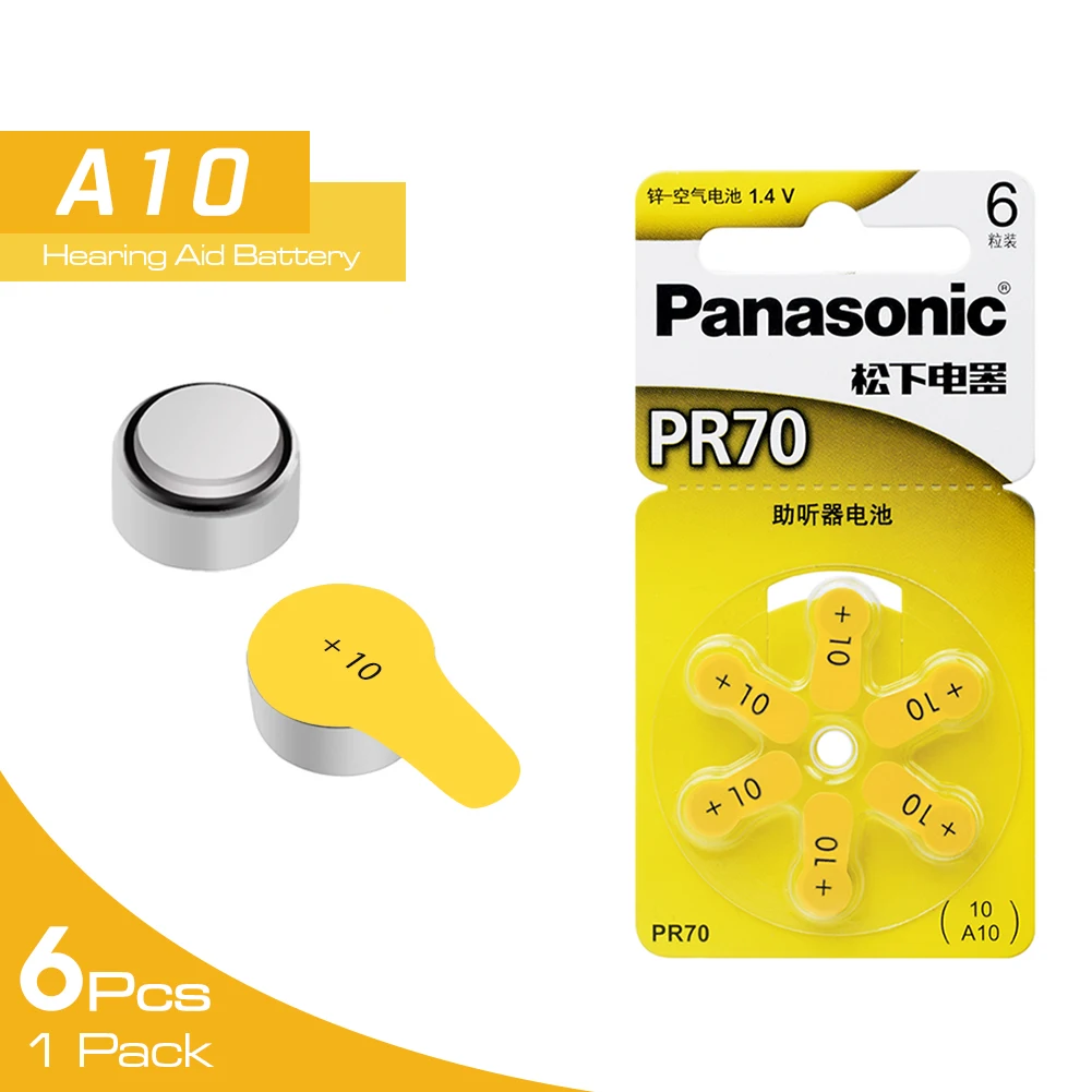 6 шт. подлинные Аккумуляторы для слухового аппарата Panasonic PR70 5,8 мм* 3,6 мм 10 A10 ZA10 для слухового аппарата с кохлеарной кнопкой