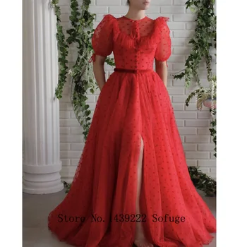 

Red Slit Robe De Soiree Evening Dresses Cap Sleeves Prom With Belt Pleat Vestidos De Fiesta Short Sleeves