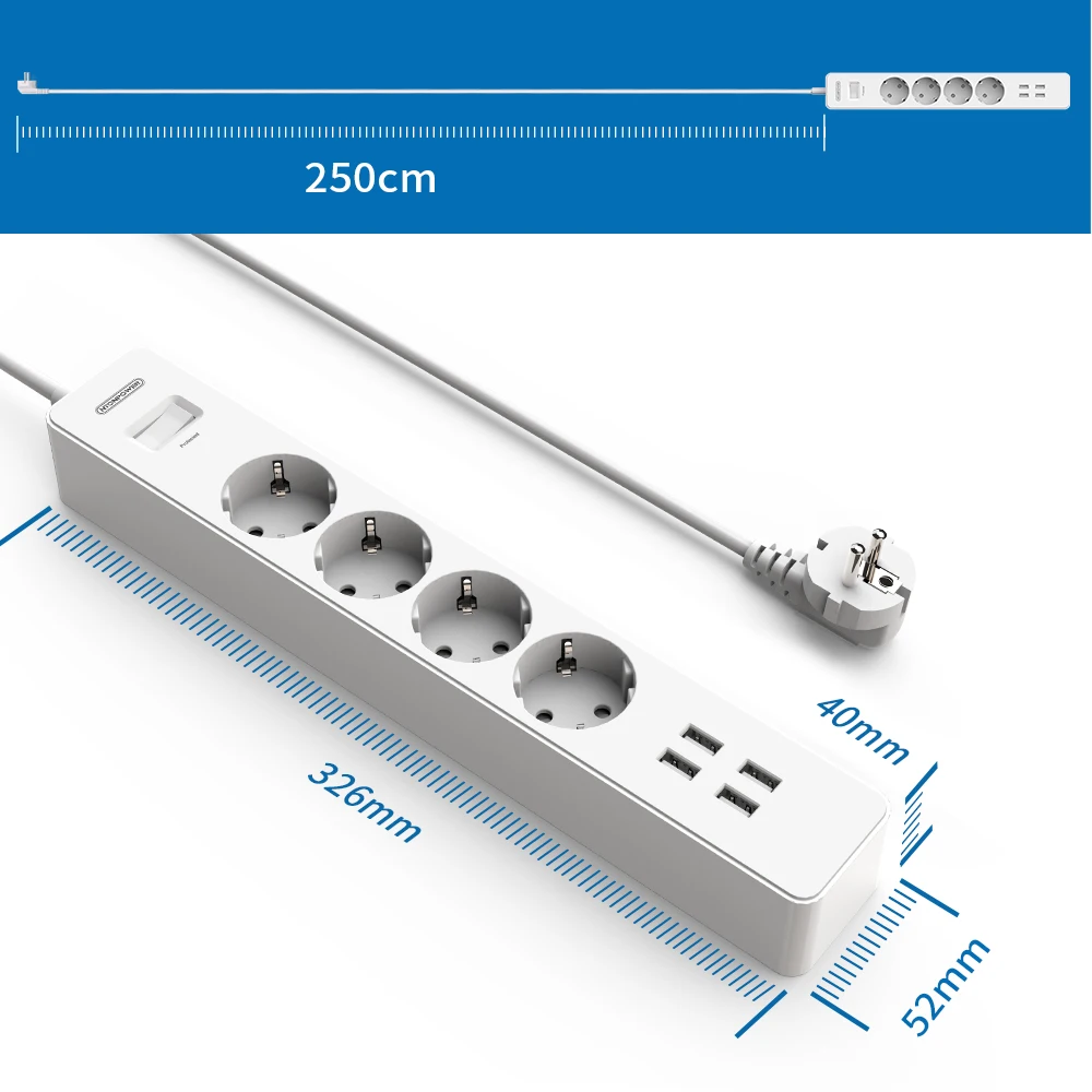 NTONPOWER Network Filter Smart Power Strip EU Plug 4000W Surge Protector For Home Office 2.5M cord Extension Socket