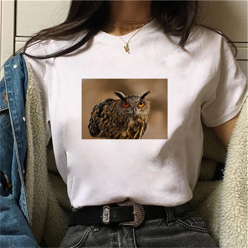 Fashion Women T Shirt Harajuku Realistic photos of owls Tshirt 90s Painting Ulzzang Casual Tops Tees T-shirt Female Clothes