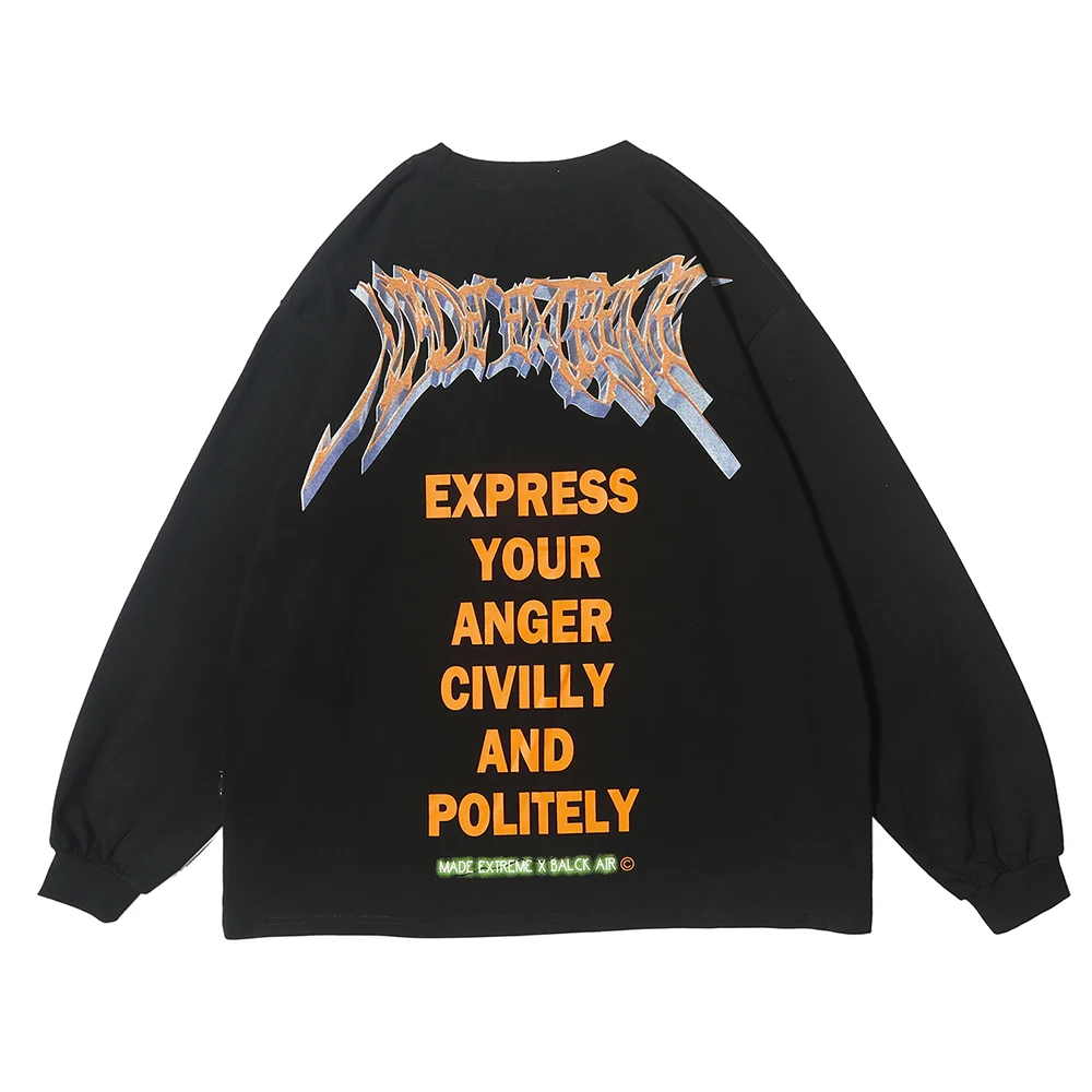 Midfinger панк футболки с надписями，Hip Hop мужские длинным рукавом，Vintage одежда，Men T shirt