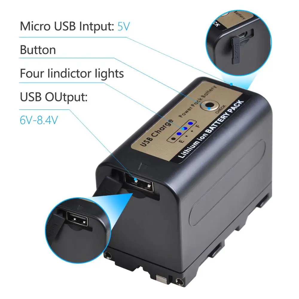 Аккумулятор NPF750 NPF770 5200 мАч новый с выходом USB для зарядки Sony NP F970 F960 F550 F570 QM91D