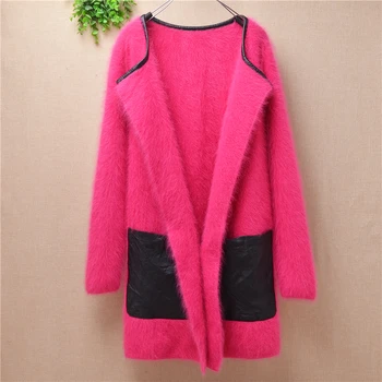 

Top qualtiy Angora rabbit fur knitted women sweater coats big pockets sweet female cardigans jackets medium long M size