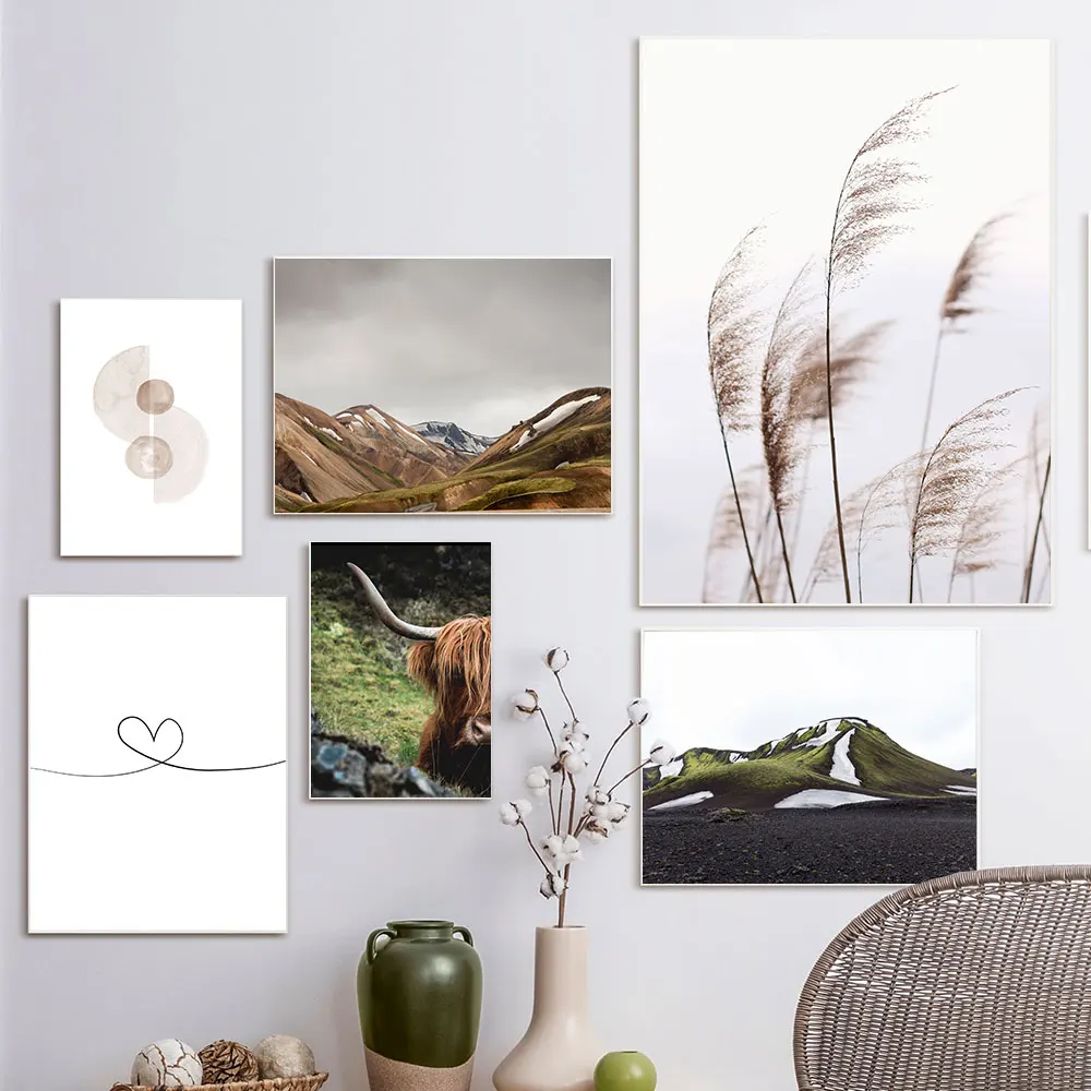 Scandinavian Poster Cattle Cow Snow Mountain Nature Landscape Nordic Wall Art Print Botanical Canvas Painting Home Decor Picture | Дом и сад