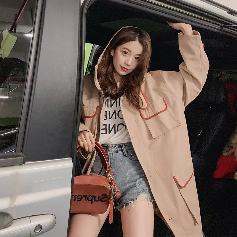 

Photo Shoot CHIC Covered Edge Contrast Color Mid-length Loose-Fit Hooded Multi-pockets Casual Wind BF Laziness Trench Coat Women