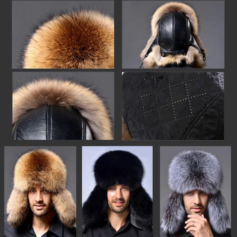 High Quality Mens Real Rabbit Fur Winter Hats Lei Feng hat With Ear Flaps Warm Snow Caps Russian Hat Bomber Cap