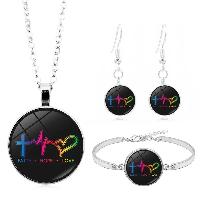 

Faith hope love Time Stone Necklace Set Silver Bracelets Ear Stud Jewelry Set