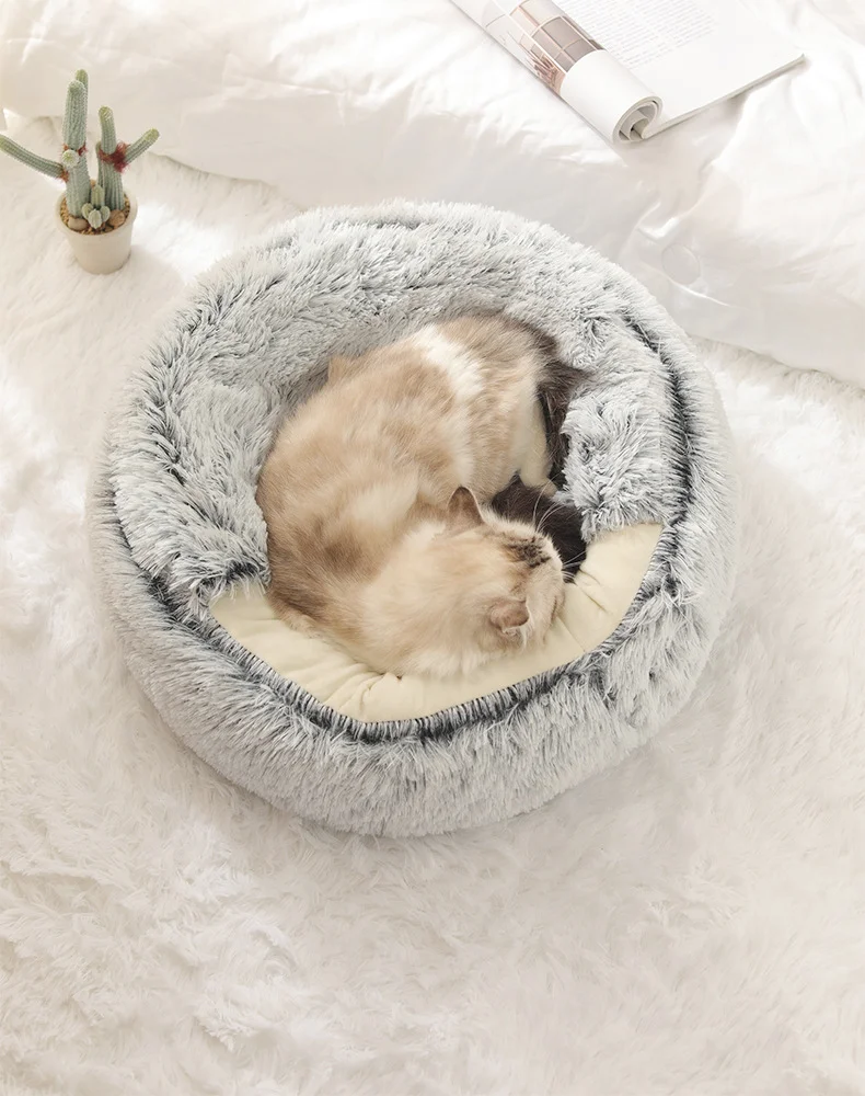 Winter Cat Bed Long Plush Pet Cat Cushion Warm Sleep Bag Bed Round Half-Pack Cat Basket Lounger Nest For Small Medium Large Dog