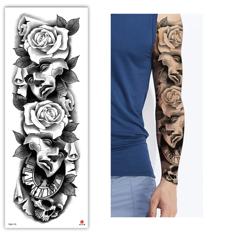 Large Arm Sleeve Tattoo Rose Leaf Clock Waterproof Temporary Tatoo Sticker Evil Wolf Jewelry Lion Men Full Skull Totem Tatto Temporary Tattoos Aliexpress