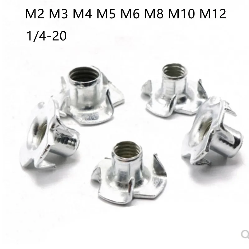 Insert Nut Threaded Insert Nut Four Claws Nut Carbon Steel Nuts 5-50PCS M2 M3 M4 M5 M6 M8 M10 m12 1/4-20 Zinc Plated Carbon Steel Four Claws Prongs Knock In Wood Captive Nut Insert Nut