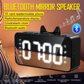 

Q9 Wireless Bluetooth 5.0 Speaker FM Radio Clock Real Time Temperature Speaker Mirror Soundbar Column Handsfree Call USB Charge