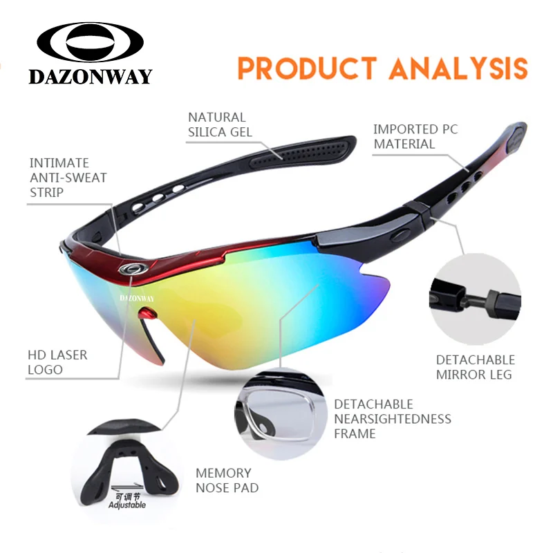 DAZOWNAY Bicycle Glasses Eyewear Sunglasses Men Women Polarized UV400 Cycling MTB Bike Road Bike Fishing Running Googles 5 Lens