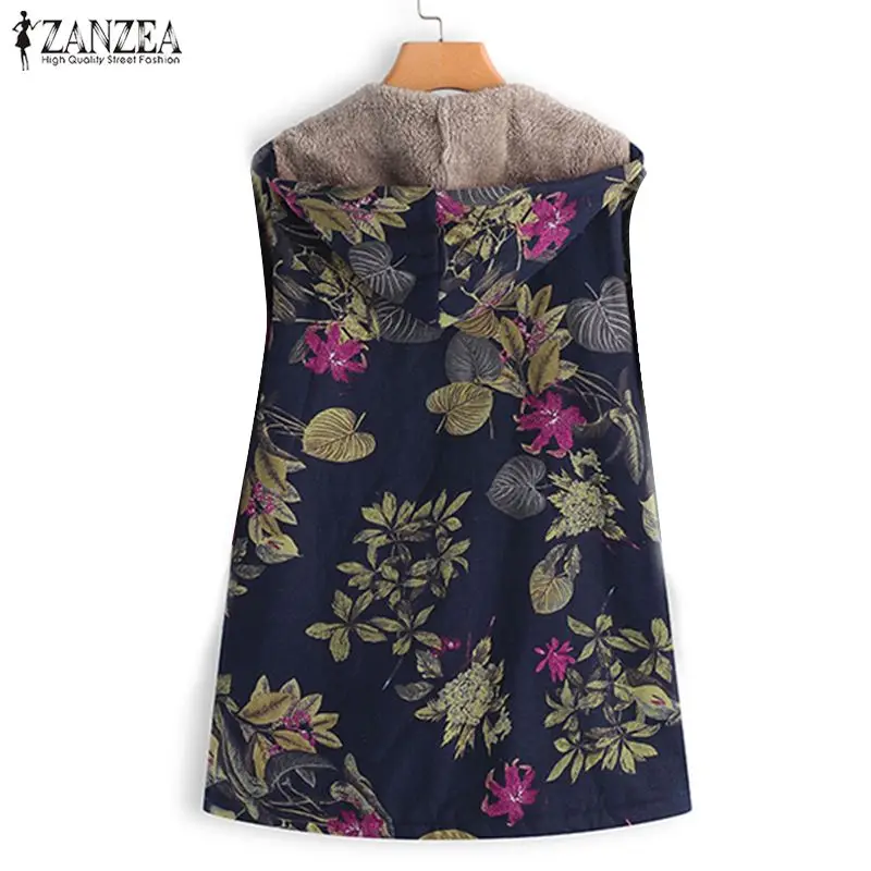 lower price Vintage Women's Sleeveless Jackets 2019 ZANZEA Casual Print Coats Fur Lining Outwear Winter Floral