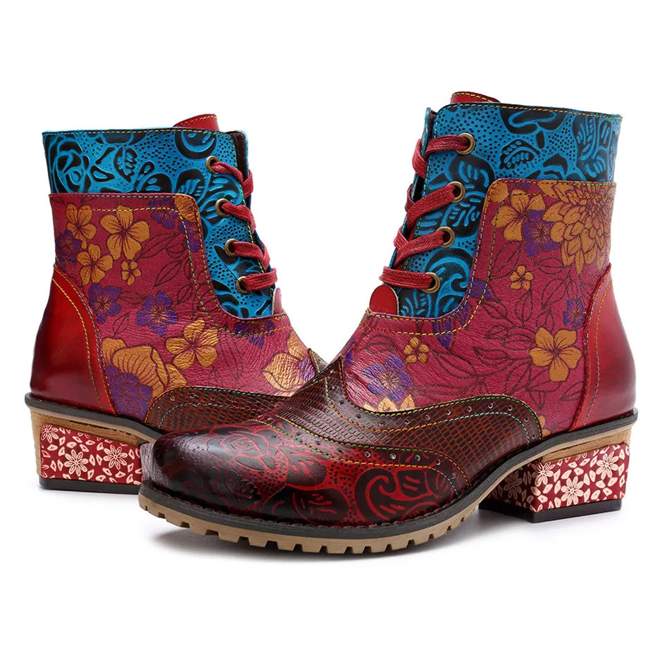 D Knight Vintage Splicing Printed Ankle Boots For Women Shoes Woman Genuine Leather Retro Block Med Heels Fall Winter Women Boot (9)