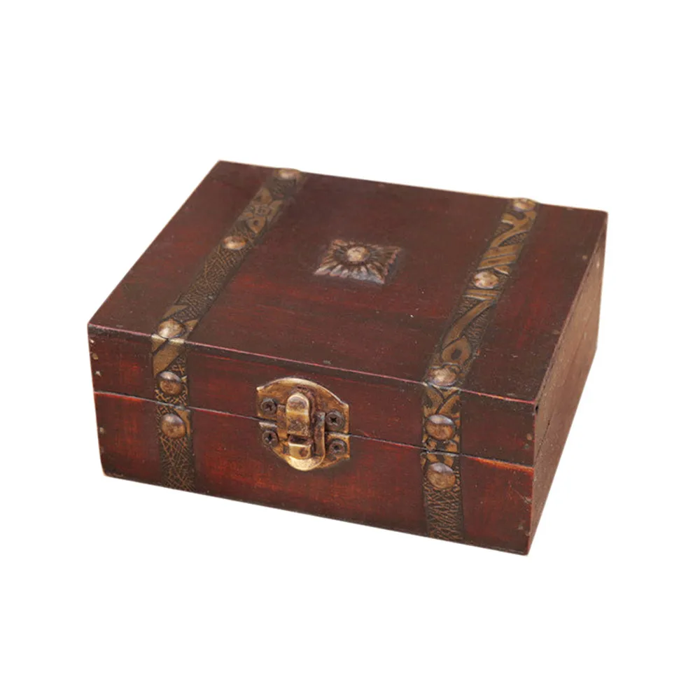 Vintage Wooden Trinket Jewelry Storage Box Handmade Treasure Case Decorative US 