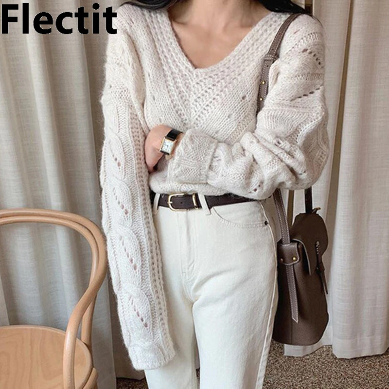 Flectit Women V-Neck Sweater Jumper Chunky Long Sleeve Cozy Pullover Cable Knit Top Autumn Winter Chic Outfit * | Женская одежда
