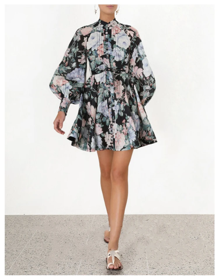 Высокое качество на пуговицах, со стоячим воротником Фонари рукавом Мини платье осень Для женщин взлетно-посадочной Цветочный принт высокого пояса элегантное платье