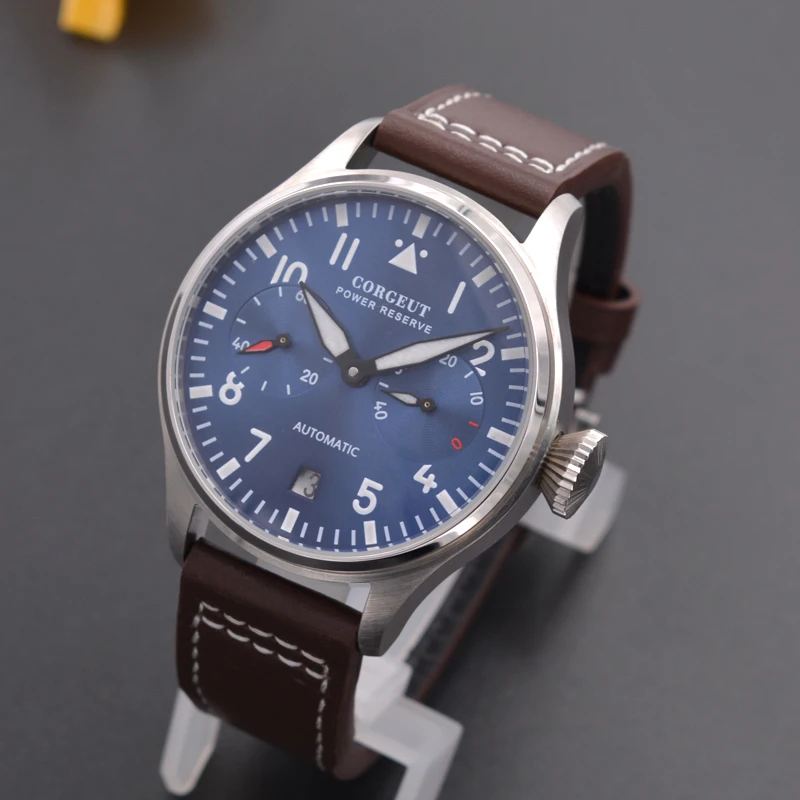 

Corgeut 42mm blue dial Power Reserve Date Window Leather Automaitc Men Watchs.A