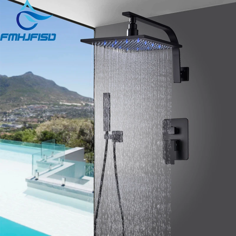 16" Square Rainfall Shower Mixer Control 2 PCS Matte Black Faucet Wall Mounted