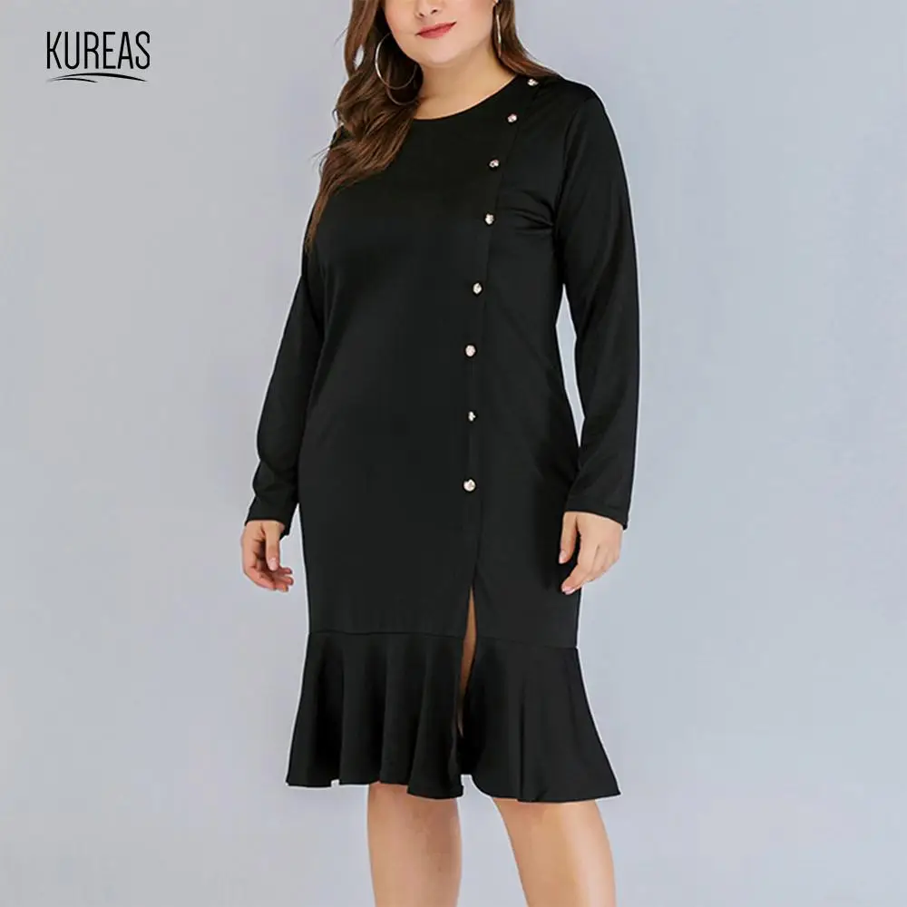 

Kureas Knitted Dress Big Size Women Winter Autumn Fashion Ruffle Hem Single Breasted Button Decor Plus Size Slit Dresses