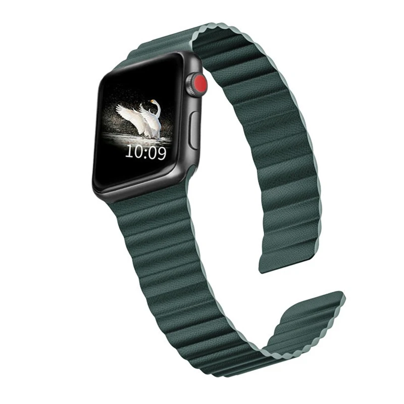 Ремешок с двойной магнитной застежкой для Apple watch 44 мм 40 мм кожаный ремешок iwatch серии 4 5 3 2 42 мм 38 мм Браслет Apple watch 4 5 - Цвет ремешка: Green
