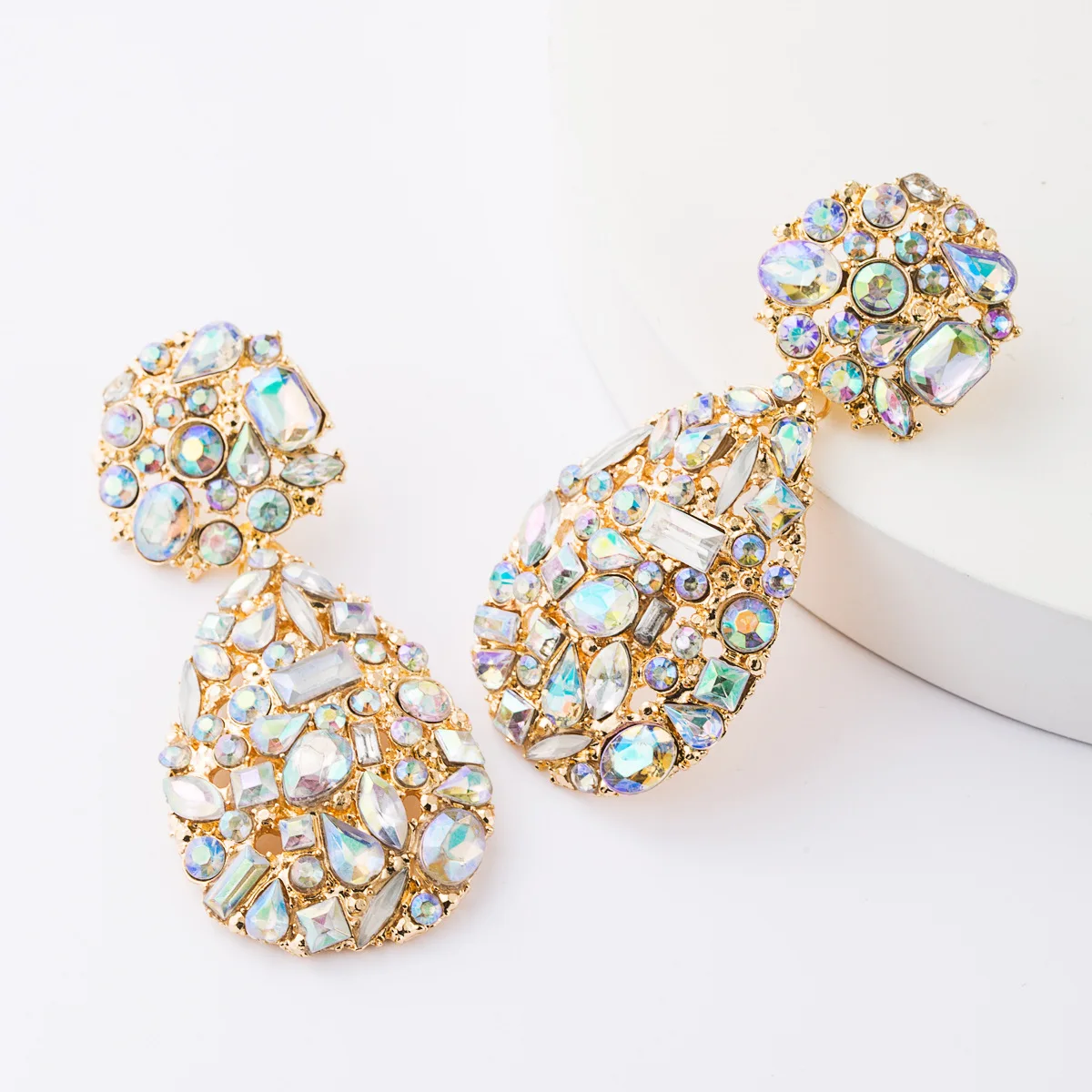 ZiccoWong Luxury AB Color Crystal Rhinestone Drop Earrings Women Geometric Water Long Dangle Statement Earring |