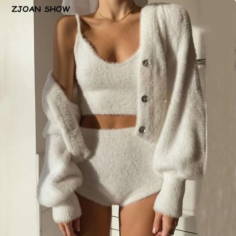 Vintage Set Shaggy Korea Style White Cardigan Furry Single