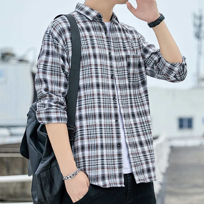Männer Kariertes Hemd Flanell Langarm Streifen Shirts Straße Tasche Japan Baumwolle Lose Slim Fit Männlichen Beiläufigen Weichen Smoking Formale hemd – Detail 13