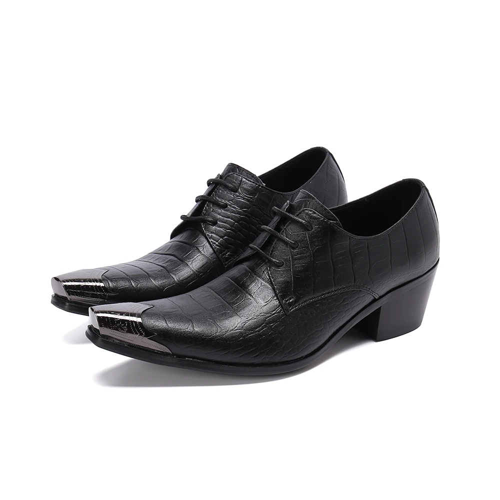 

British Style Metal Pointed Toe Lace Up Man Plus Size Black Leather Shoes Business Party Men's 6.5cm High Heels Shoes Zapatos