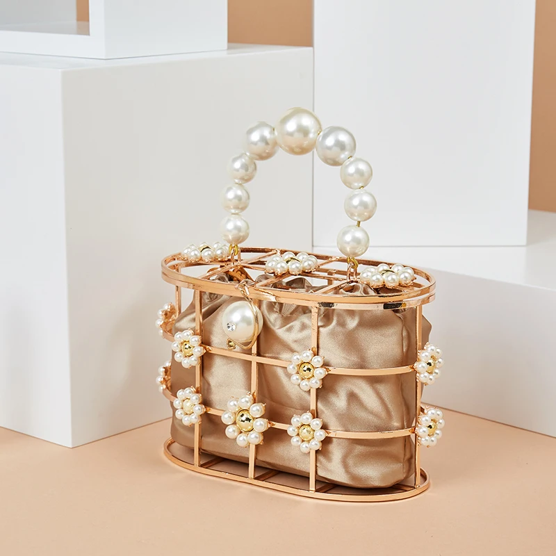 Pearl Flower Basket Evening Bag Women Summer New Elegant Korean Hollow Out Alloy Metallic Clutch Handbag Female Fashion