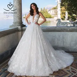 Сексуальное свадебное платье с глубоким v-образным вырезом 2019 Swanskirt Appliques без рукавов A-Line In Turkry свадебное платье Illusion Vestido de noiva VY02