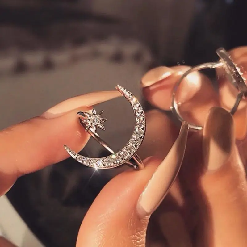 

Moon Star Dazzling Open Finger Ring Statement CZ Zircon Ring Fashion Jewelry Y4QB